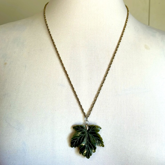 Natural Nephrite Green Jade Maple Leaf Charm Pendent on Silver Tone Chain - Picture 3 of 5